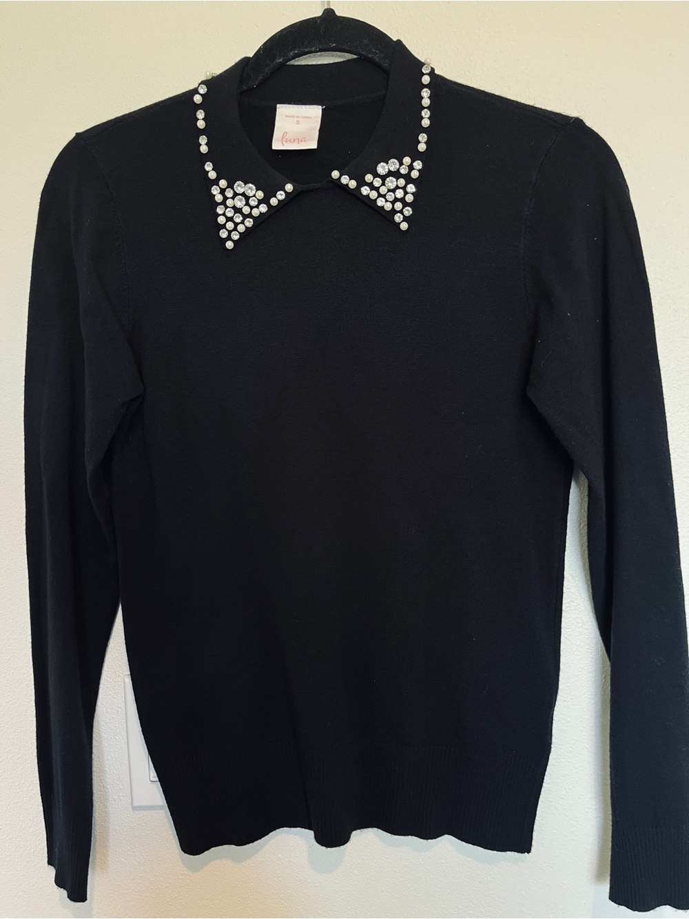 Luna Black Long Sleeve Sweater with Embellished Rhinestone & Faux Pearl Collar S
